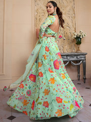 Outstanding Green Floral Printed Organza Lehenga Choli With Dupatta