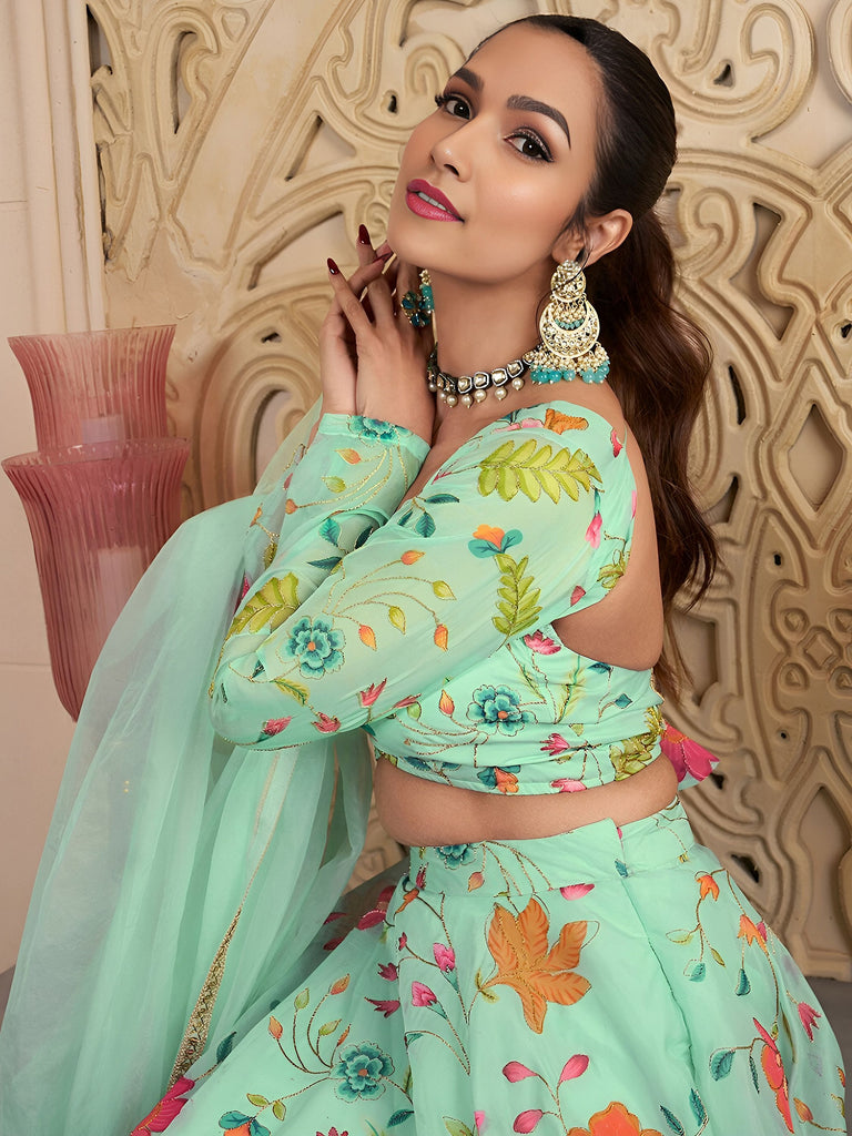 Outstanding Green Floral Printed Organza Lehenga Choli With Dupatta