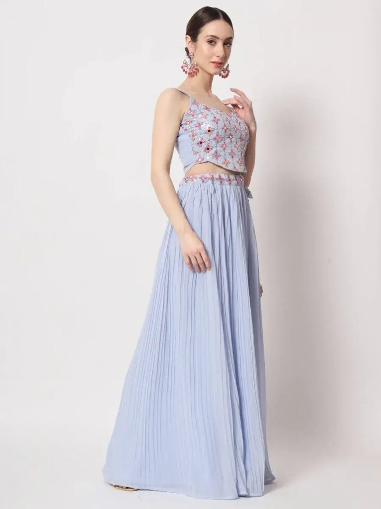 Exquisite Sky-Blue Crush Pattern Georgette Fancy Lehenga Choli