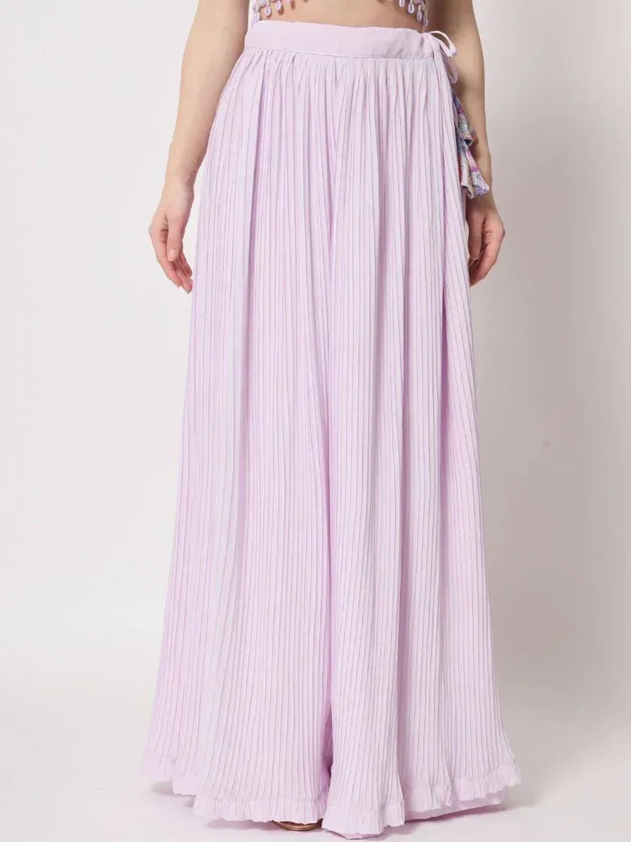Lavender pleated ethnic palazzo pants with side tie, perfect for Indian wear