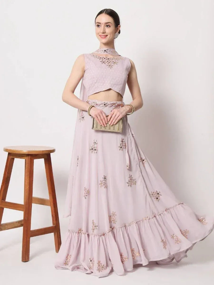 Lavender embroidered lehenga choli with ruffled skirt, perfect for Indian ethnic occasions