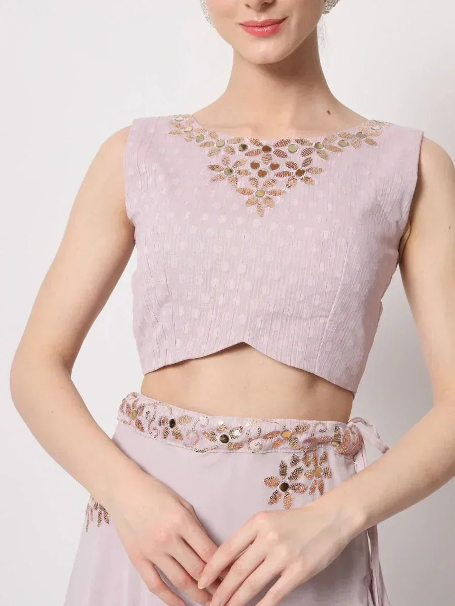 Lavender ethnic crop top with mirror work and matching skirt, perfect for Indian festive wear