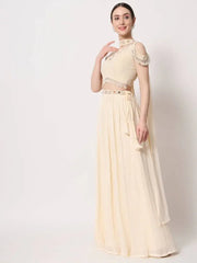 Lovely Beige Mirror Work Georgette Fancy Lehenga Choli