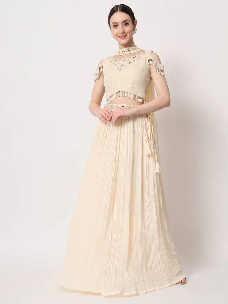 Lovely Beige Mirror Work Georgette Fancy Lehenga Choli