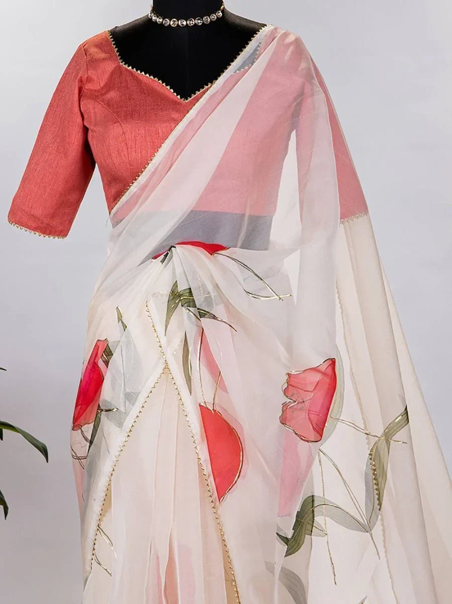Unexpected Cream Organza Floral Printed Saree With Blouse