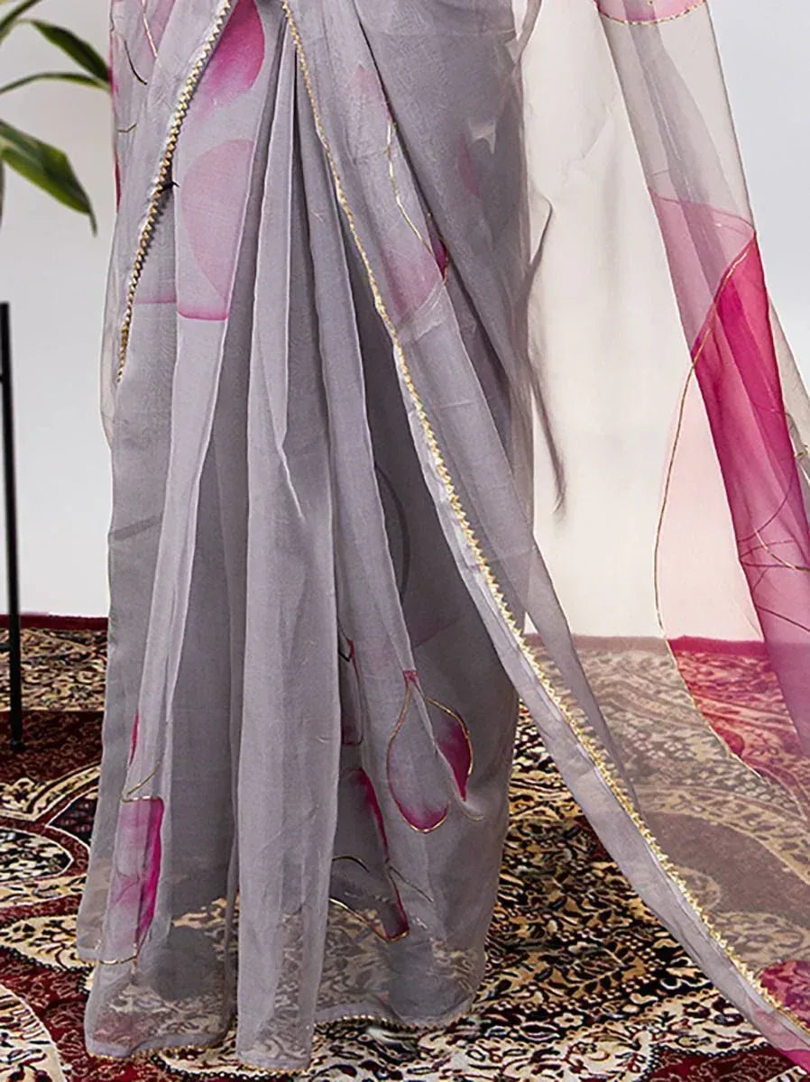 Grey and pink floral print saree with gold border, elegant ethnic wear for women