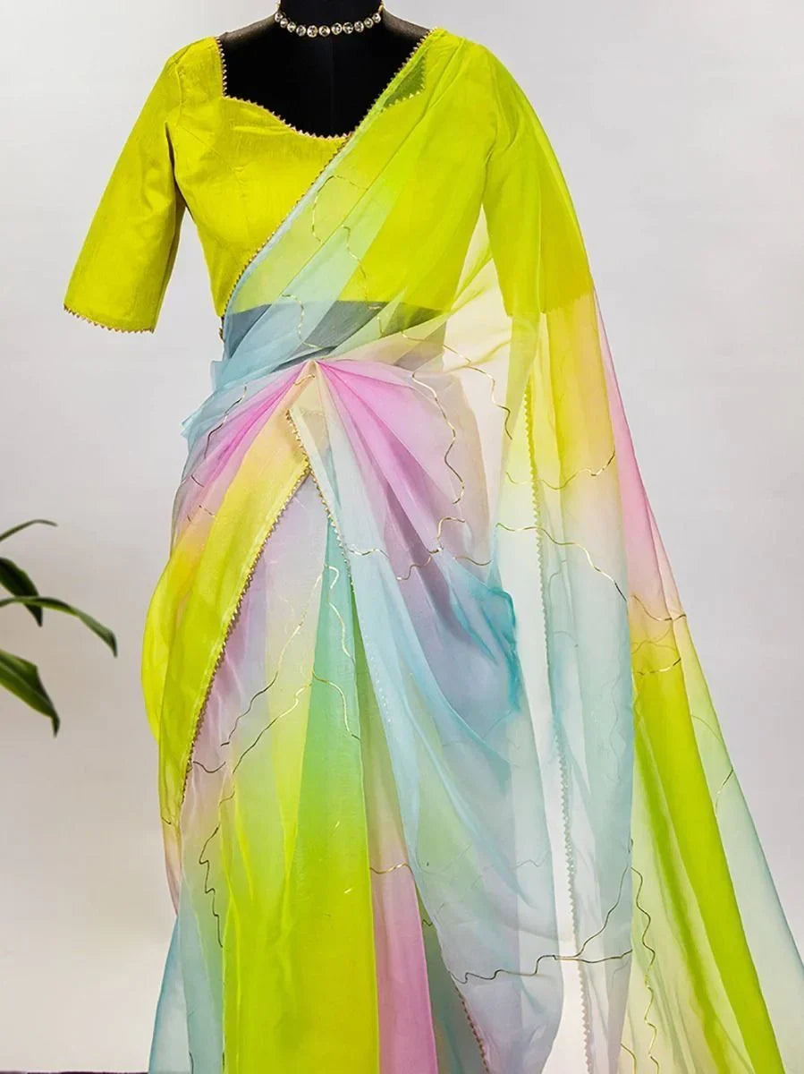 Spontaneous Mint Organza Floral Printed Saree With Blouse