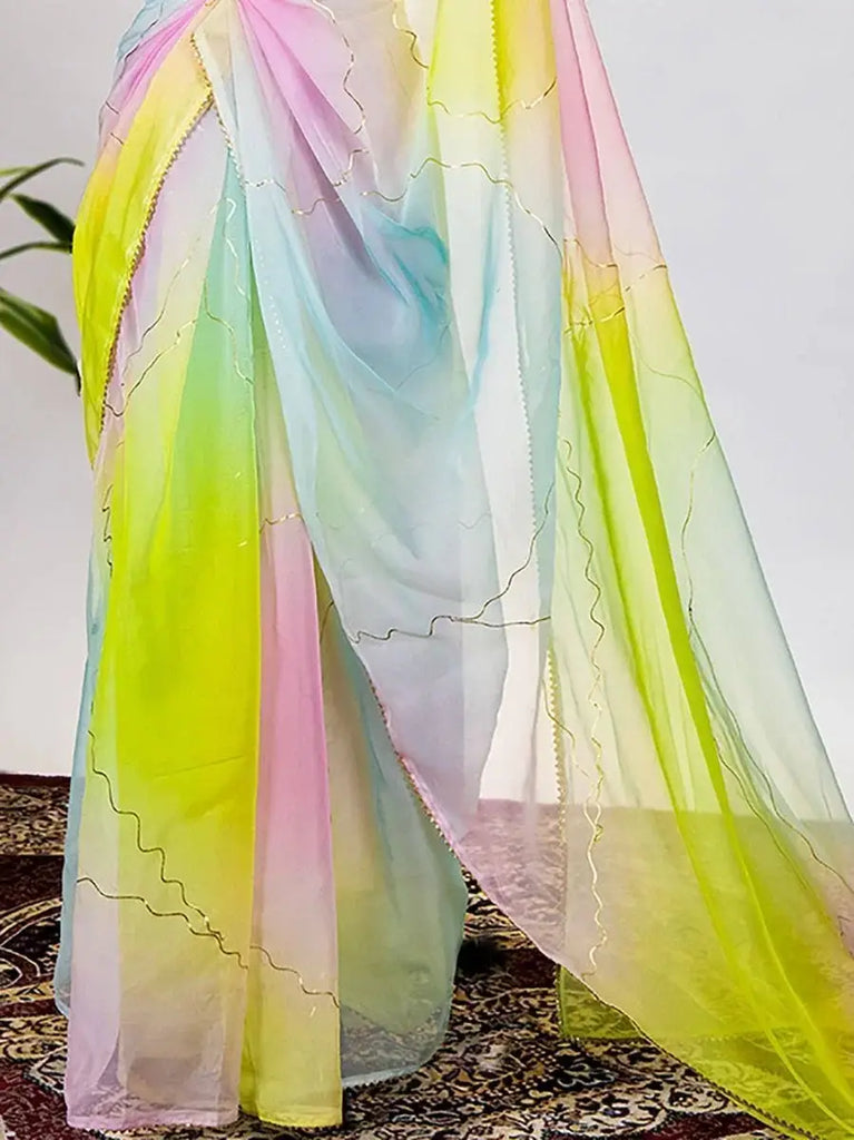 Spontaneous Mint Organza Floral Printed Saree With Blouse