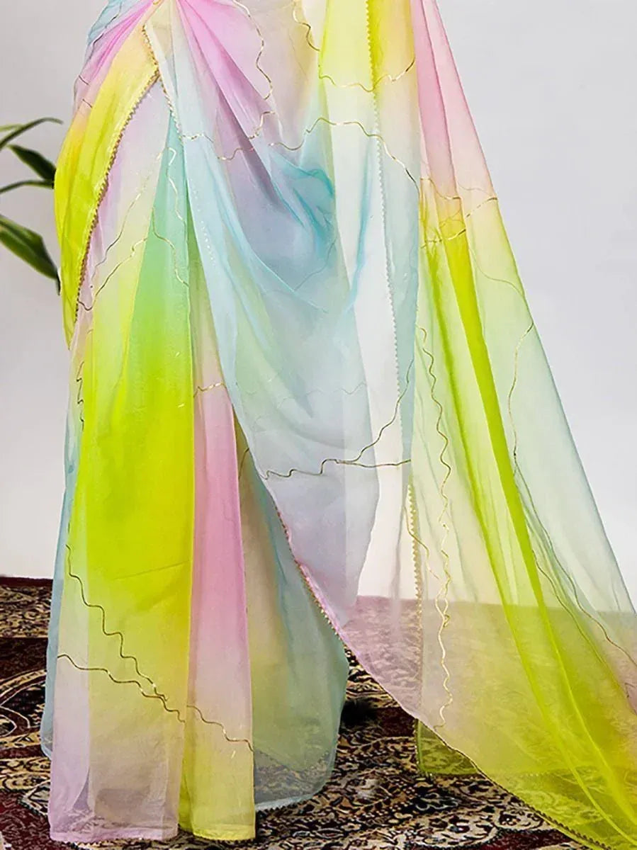 Pastel rainbow saree with gold embroidery, ideal for Indian ethnic wear occasions