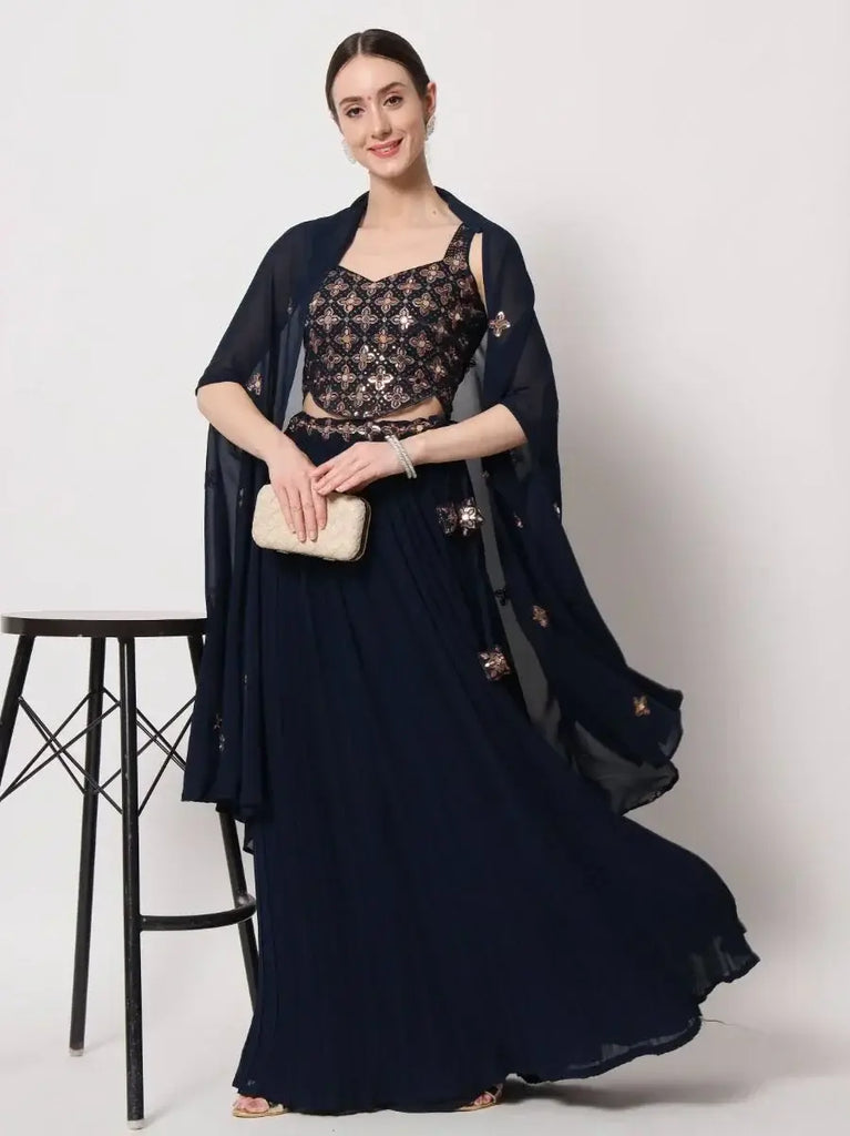 Stunning Navy Blue Embroidered Georgette Party Wear Lehenga