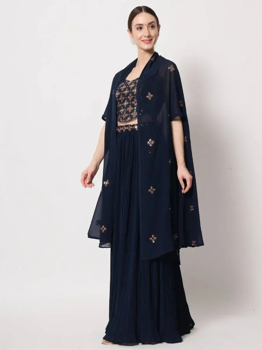 Navy blue embroidered lehenga choli with sheer dupatta, Indian ethnic wear for women