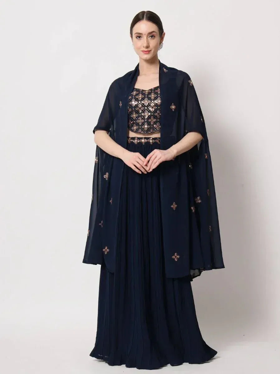 Navy blue embroidered lehenga choli with cape, Indian ethnic wear for women