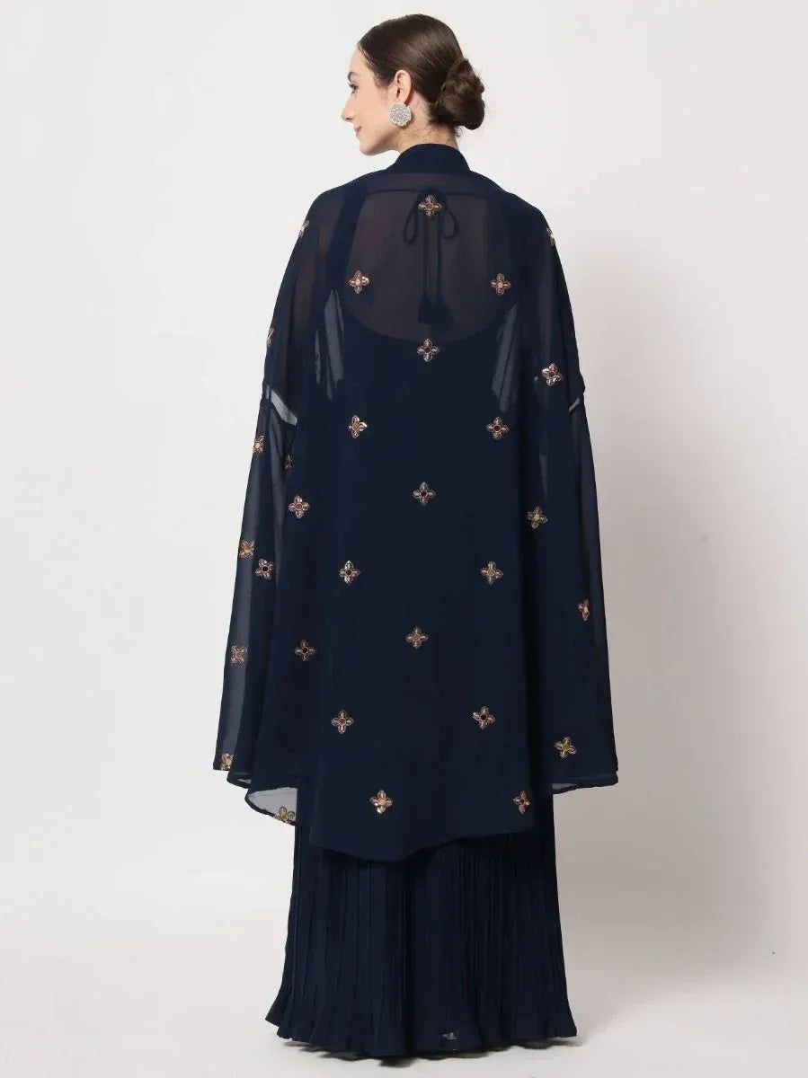 Navy blue embroidered ethnic gown with sheer cape, pleated skirt, perfect for Indian occasions