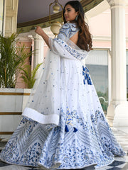 Fantastic White Thread Work Satin Sangeet Wear Lehenga Choli