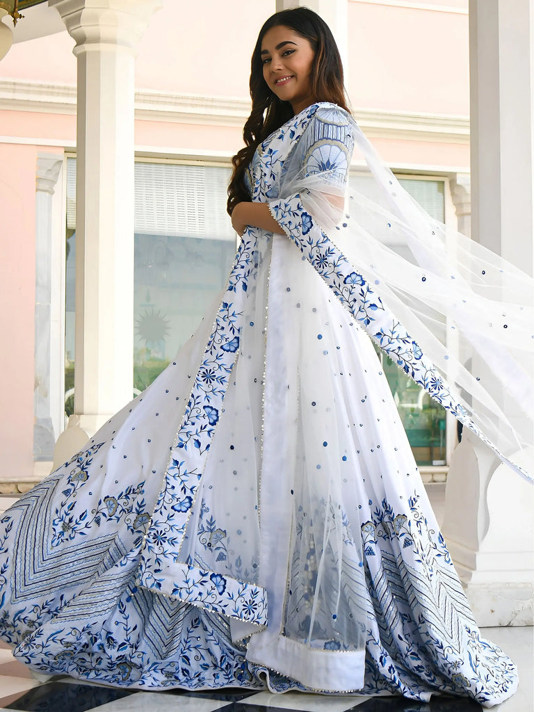 Fantastic White Thread Work Satin Sangeet Wear Lehenga Choli