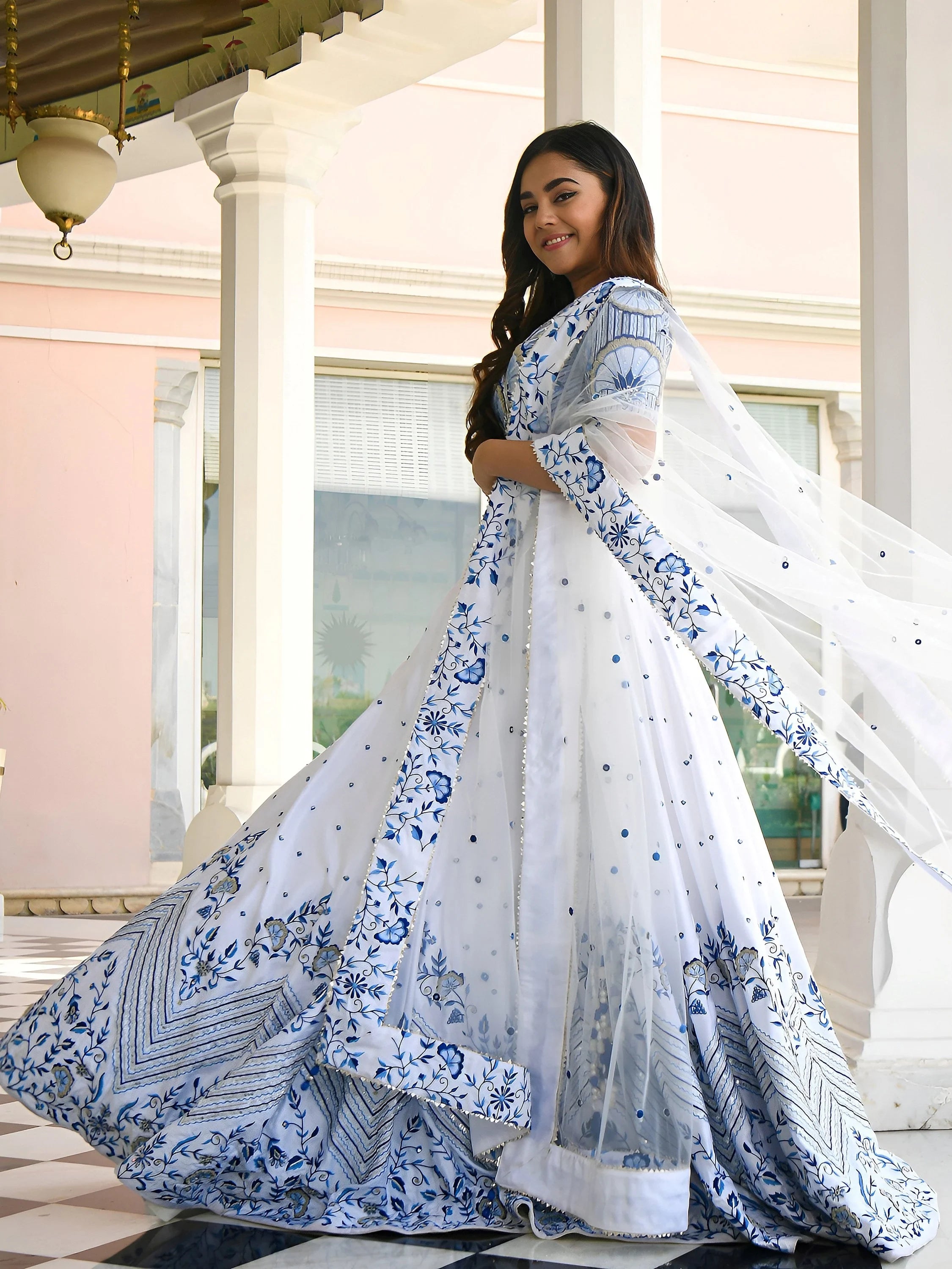 Fantastic White Thread Work Satin Sangeet Wear Lehenga Choli