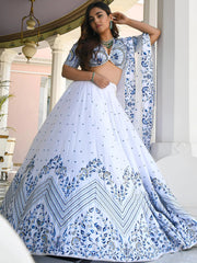 Fantastic White Thread Work Satin Sangeet Wear Lehenga Choli