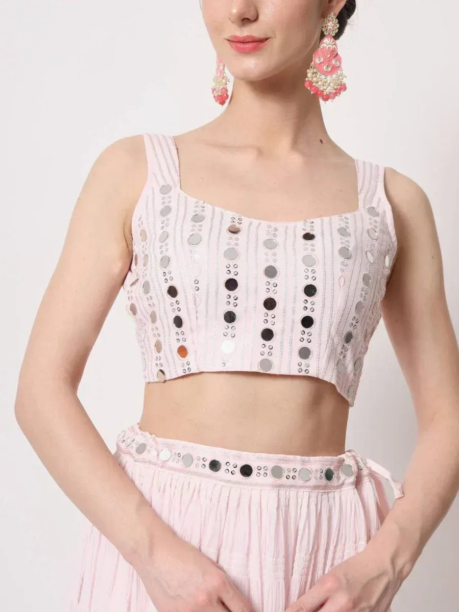 Pink mirror-work crop top and skirt set, ethnic Indian wear with embellished details