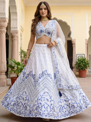 Awesome White Embroidered Satin Sangeet Wear Lehenga Choli