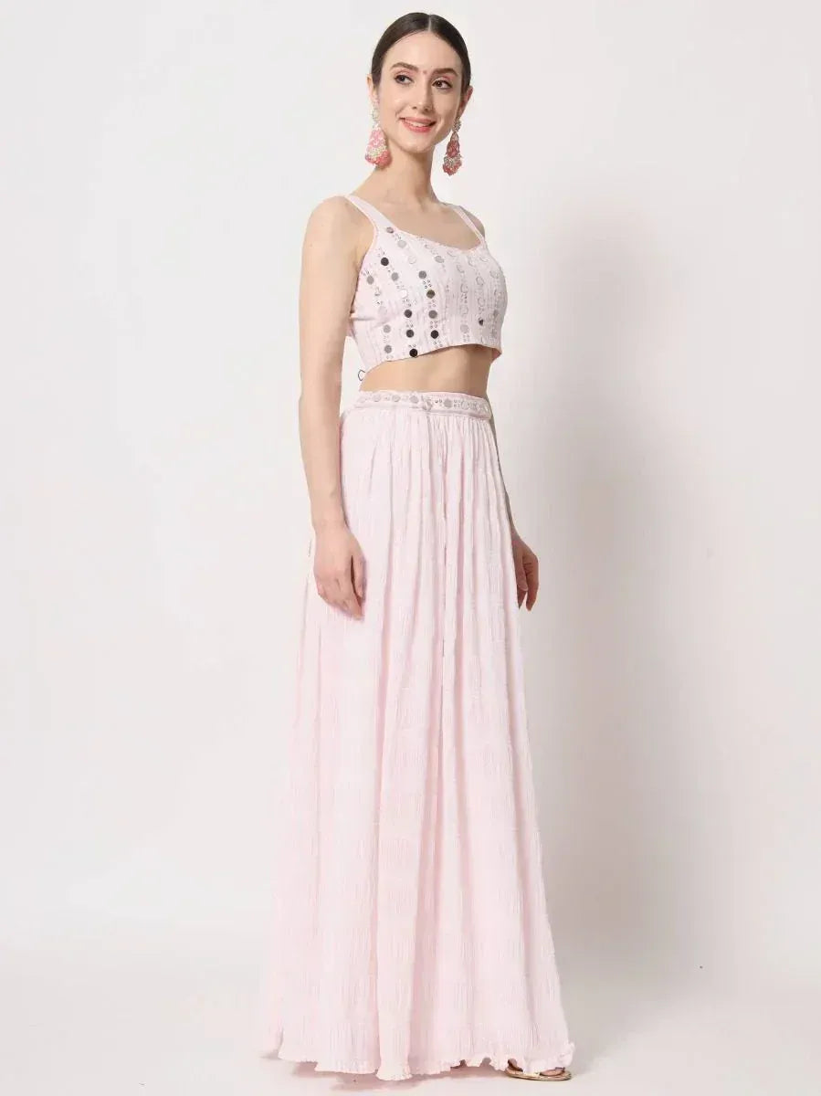 Pink ethnic crop top with mirror work and pleated skirt, Indian designer wear