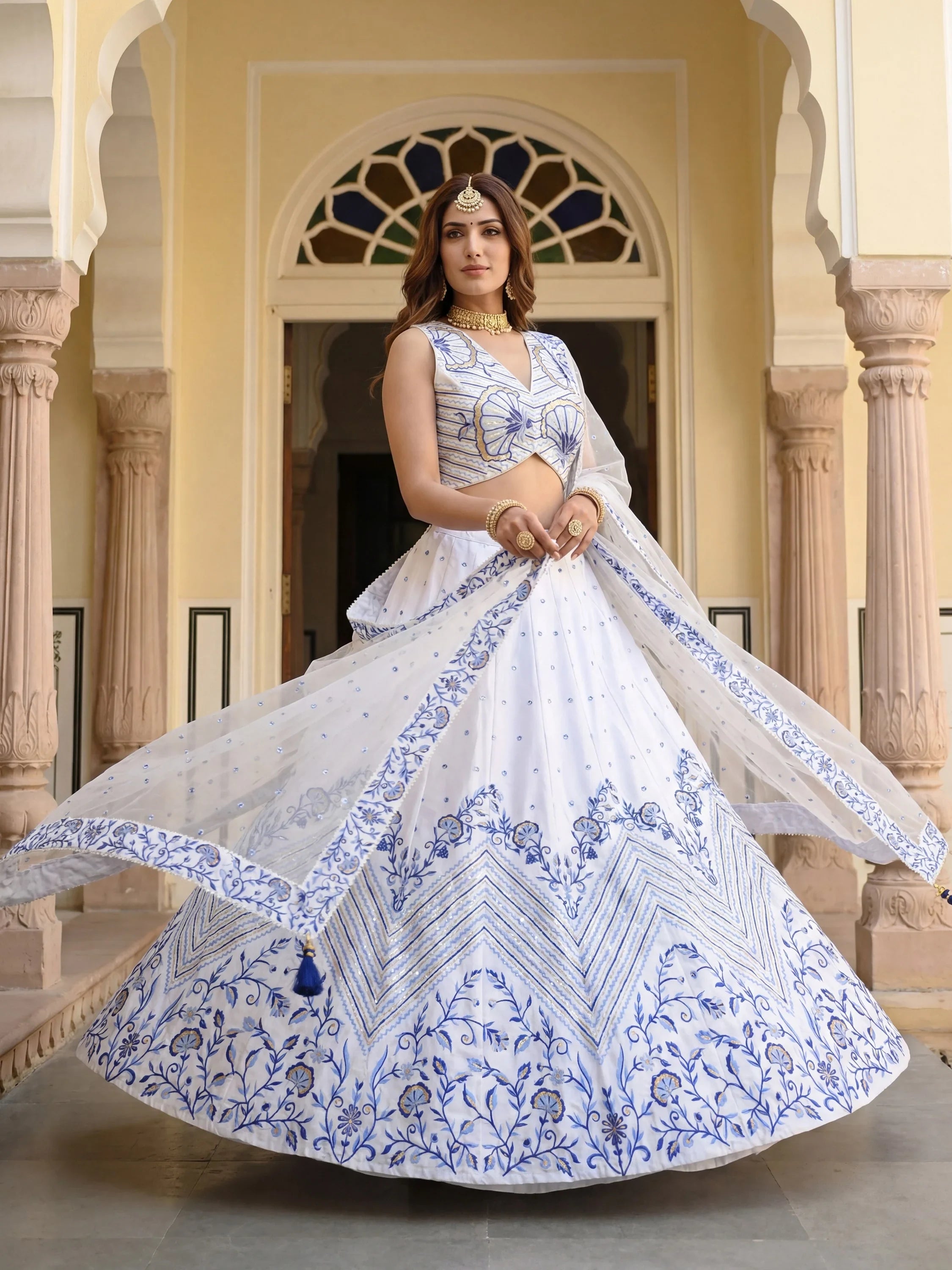 Awesome White Embroidered Satin Sangeet Wear Lehenga Choli