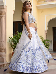 Awesome White Embroidered Satin Sangeet Wear Lehenga Choli
