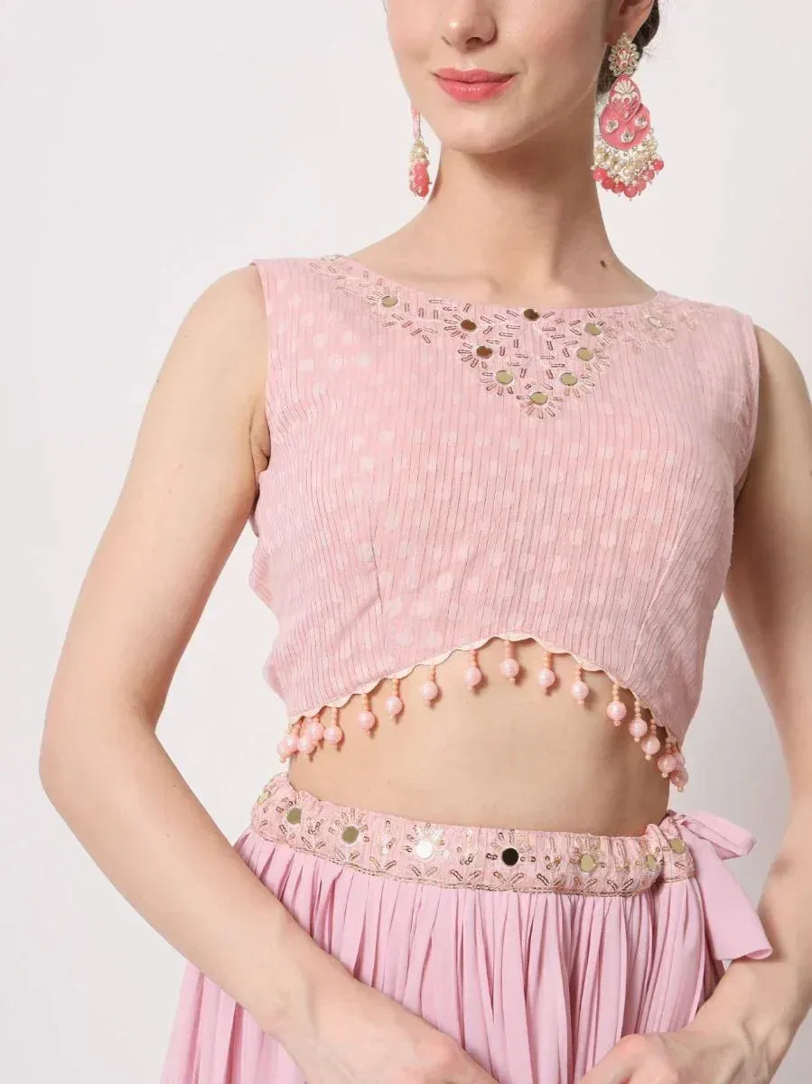 Pink embroidered crop top with pearl trim and matching pleated skirt, Indian ethnic wear
