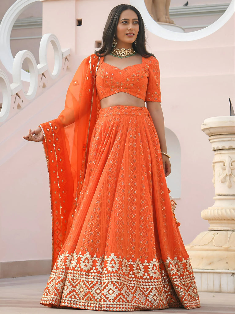 Pretty Orange Sequins Georgette Sangeet Wear Lehenga Choli