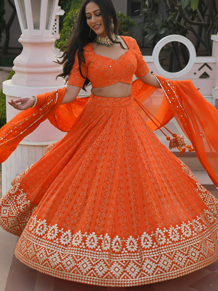 Pretty Orange Sequins Georgette Sangeet Wear Lehenga Choli