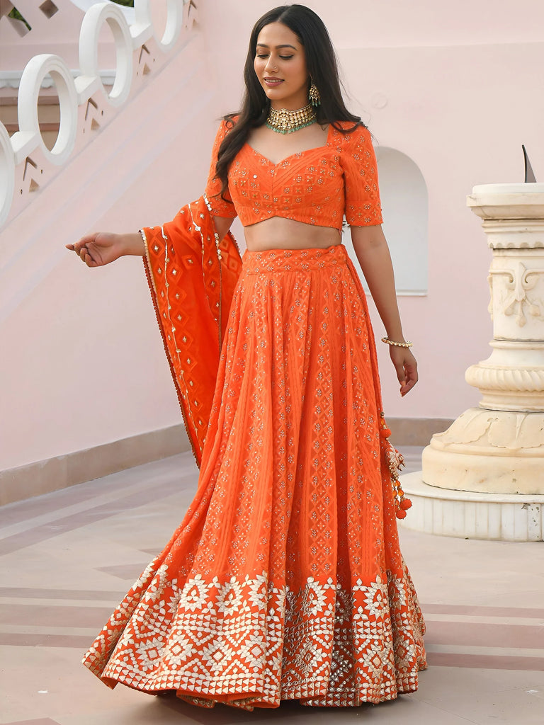 Pretty Orange Sequins Georgette Sangeet Wear Lehenga Choli