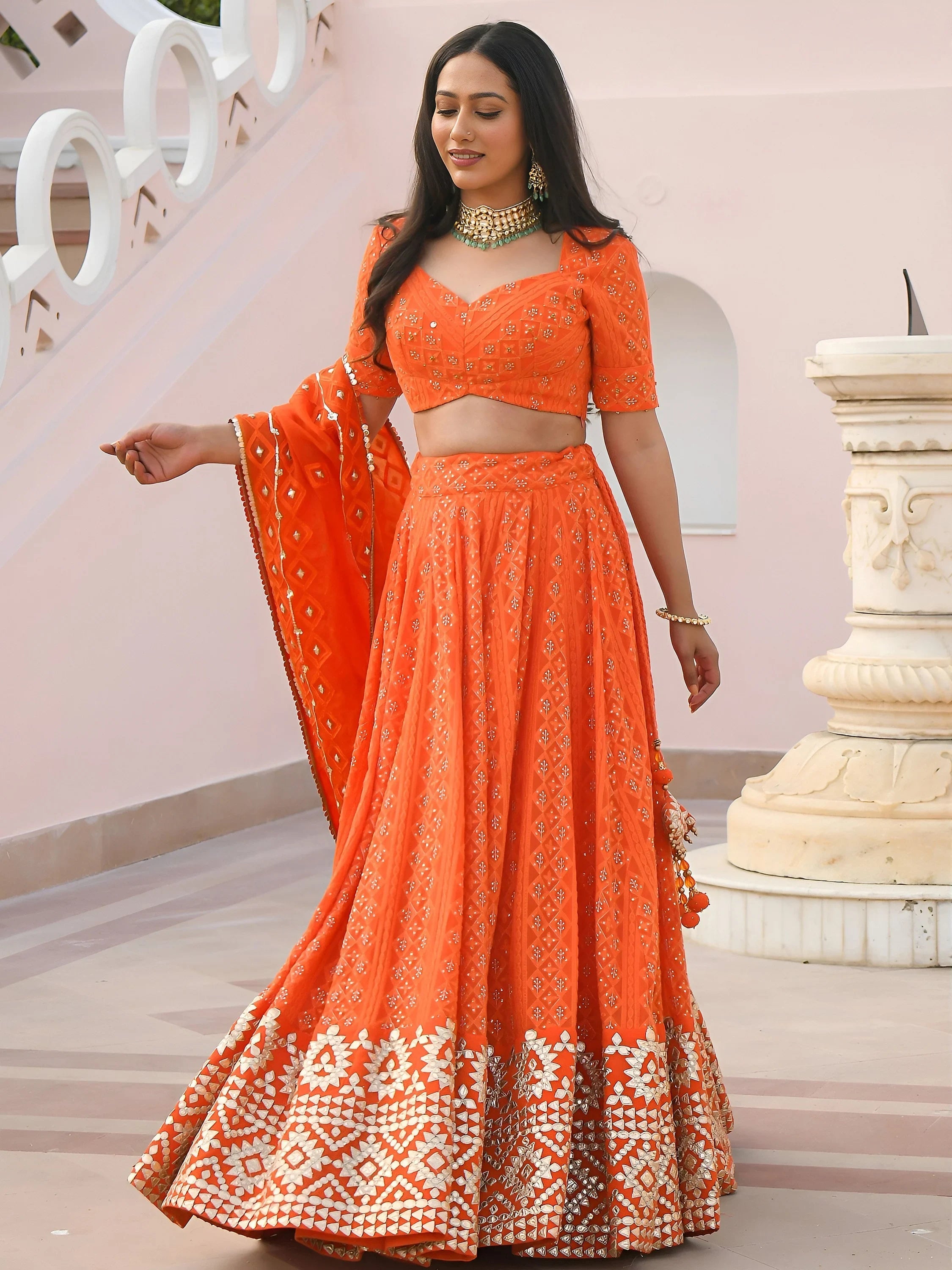 Pretty Orange Sequins Georgette Sangeet Wear Lehenga Choli