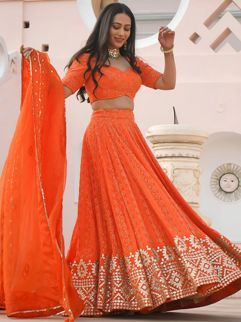 Pretty Orange Sequins Georgette Sangeet Wear Lehenga Choli