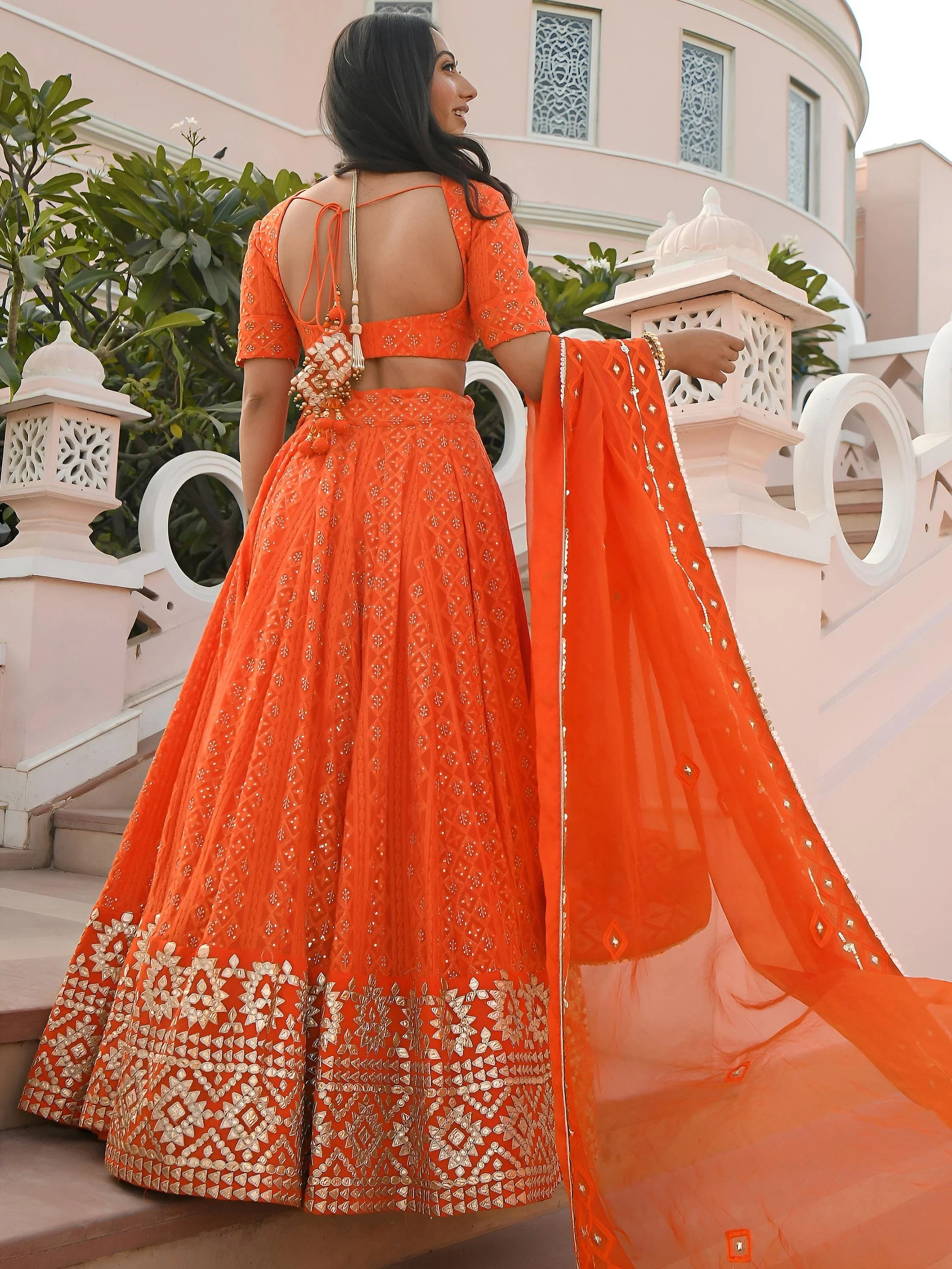 Pretty Orange Sequins Georgette Sangeet Wear Lehenga Choli