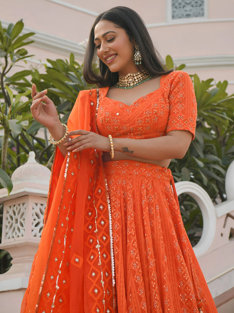 Pretty Orange Sequins Georgette Sangeet Wear Lehenga Choli