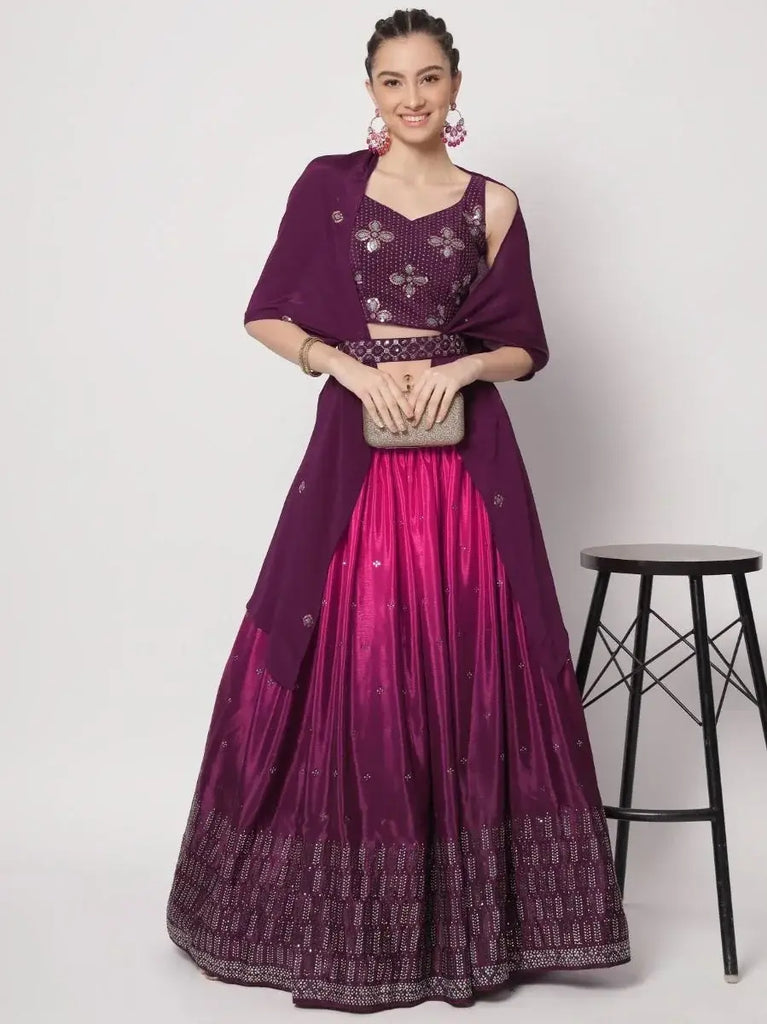 Glamorous Purple Mukaish Work Silk Party Wear Lehenga Choli With Shrug