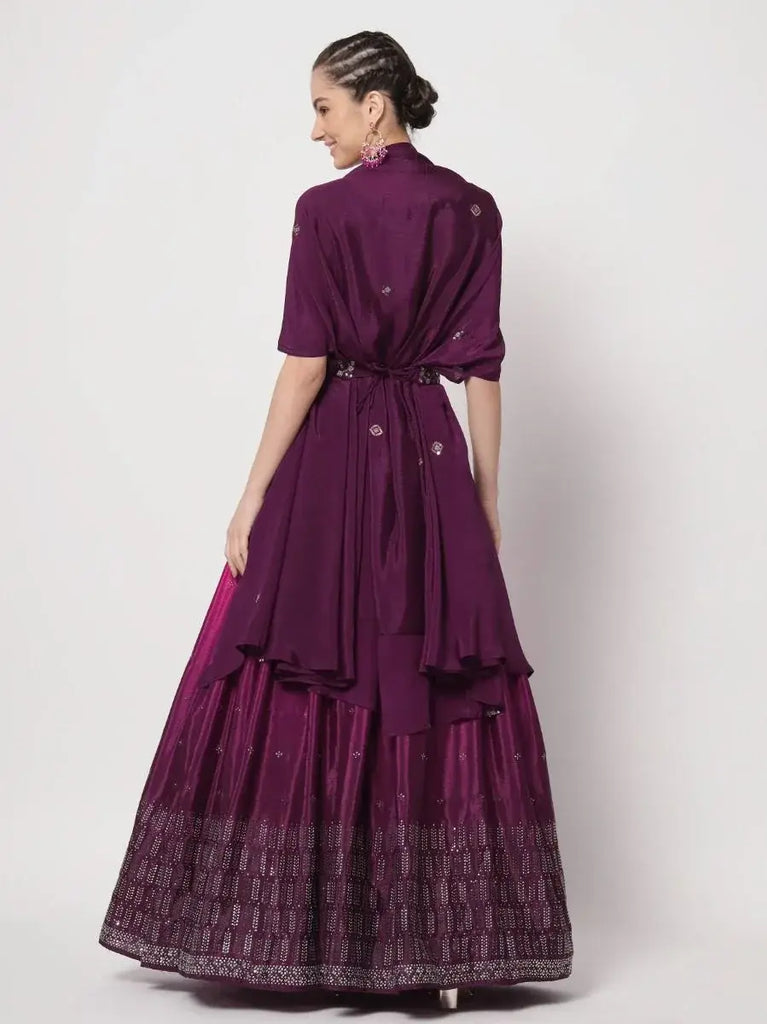 Glamorous Purple Mukaish Work Silk Party Wear Lehenga Choli With Shrug