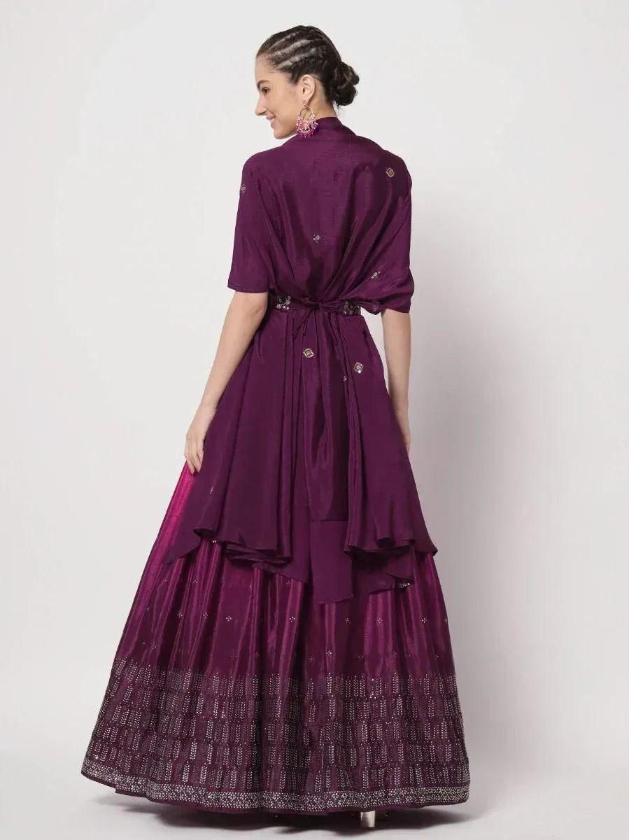 Purple designer lehenga choli with embroidered skirt and ruffled dupatta, ethnic wear for women