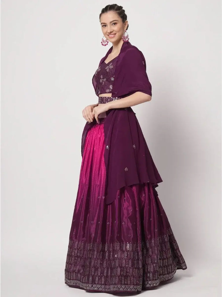 Glamorous Purple Mukaish Work Silk Party Wear Lehenga Choli With Shrug
