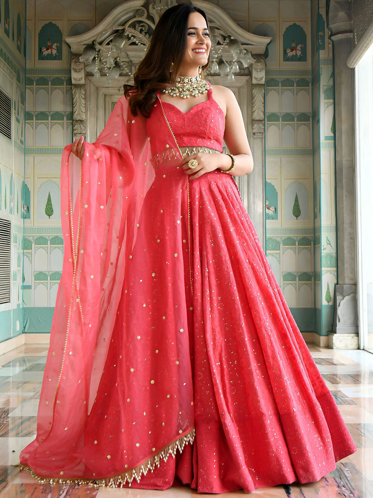 Lovely Pink Sequins Embroidered Georgette Wedding Wear Lehenga Choli