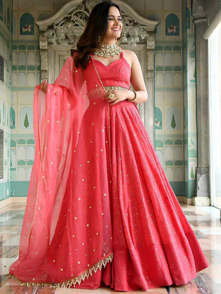 Lovely Pink Sequins Embroidered Georgette Wedding Wear Lehenga Choli