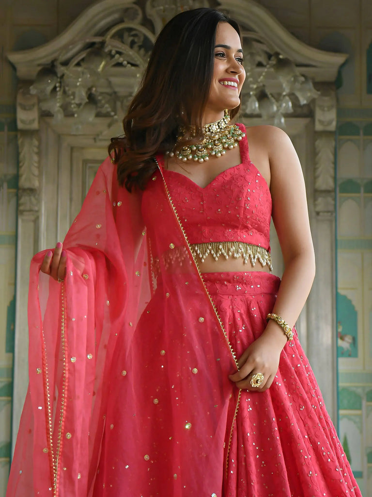 Lovely Pink Sequins Embroidered Georgette Wedding Wear Lehenga Choli