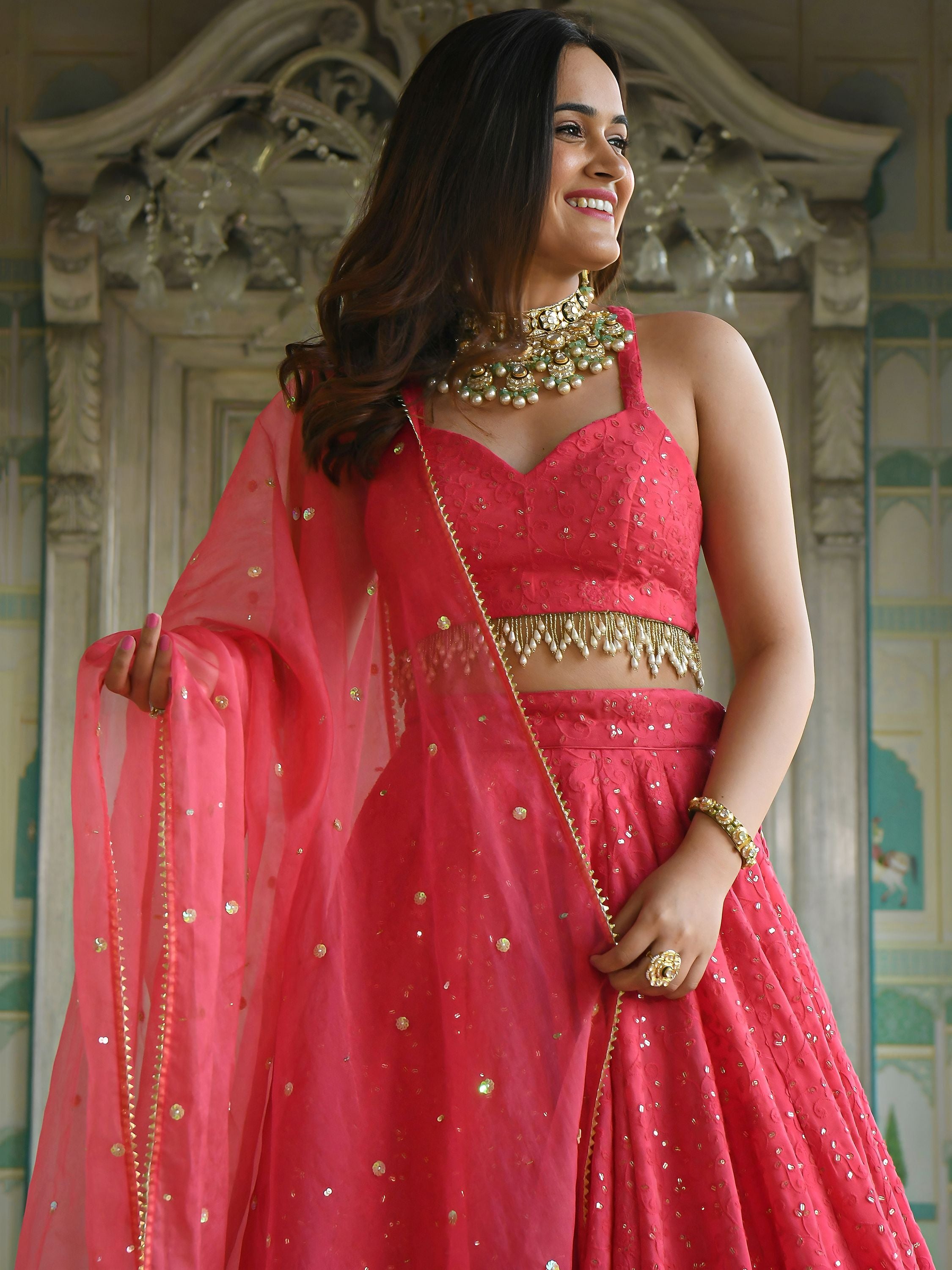 Lovely Pink Sequins Embroidered Georgette Wedding Wear Lehenga Choli