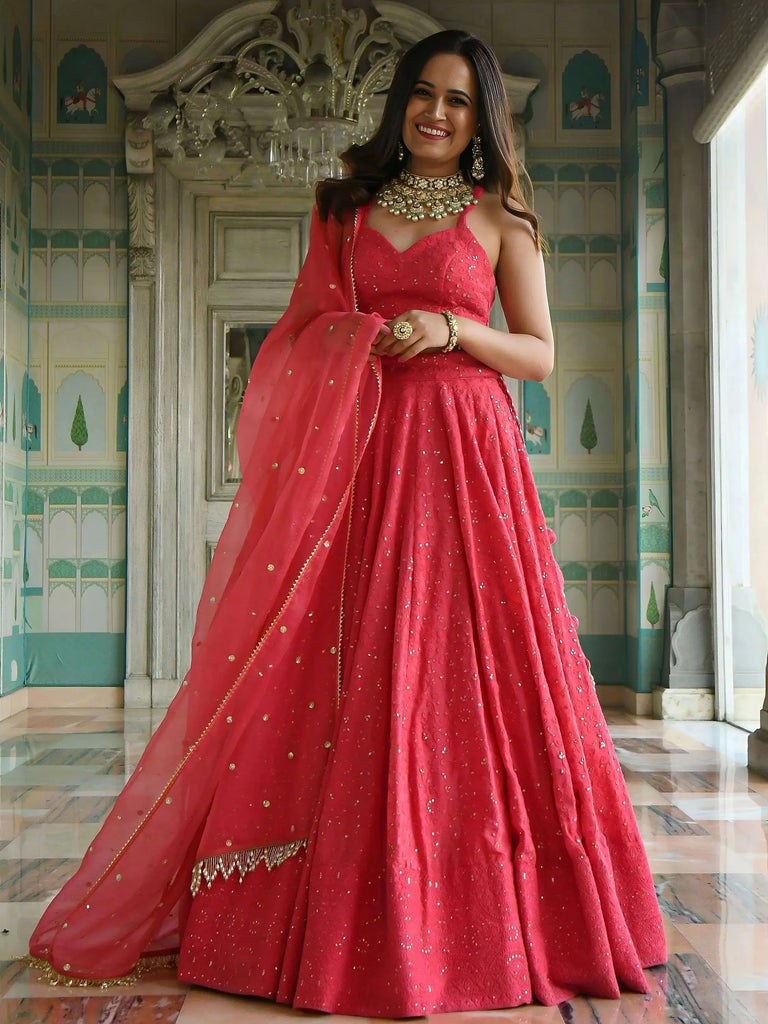 Lovely Pink Sequins Embroidered Georgette Wedding Wear Lehenga Choli
