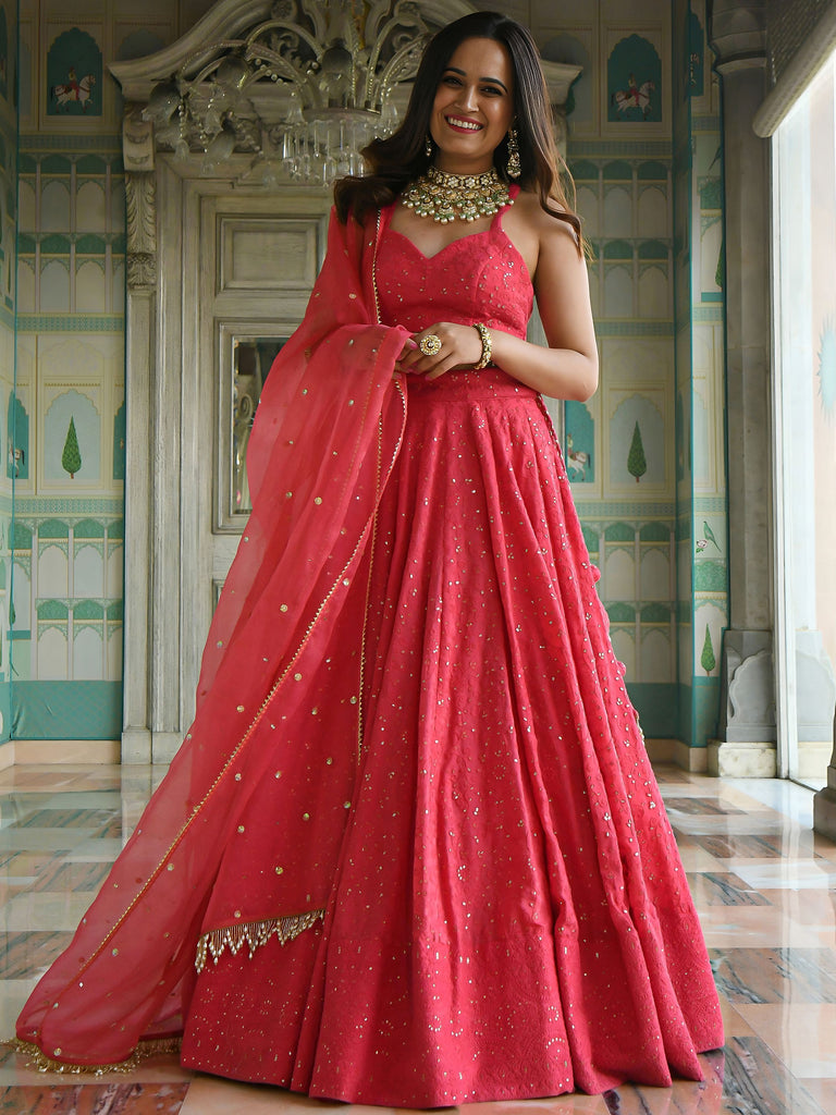 Lovely Pink Sequins Embroidered Georgette Wedding Wear Lehenga Choli