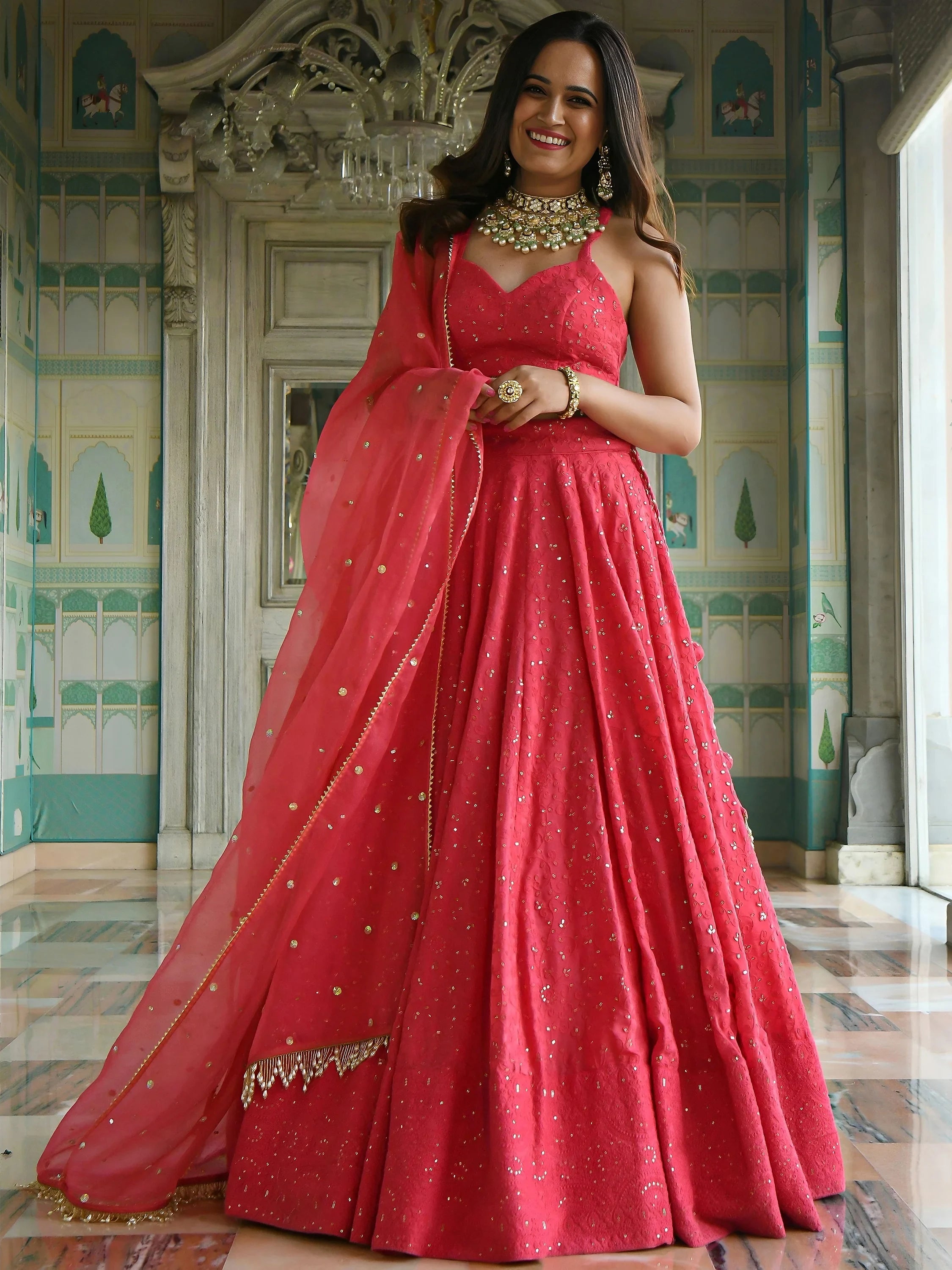 Lovely Pink Sequins Embroidered Georgette Wedding Wear Lehenga Choli