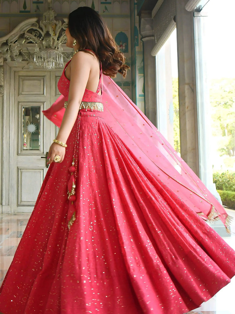 Lovely Pink Sequins Embroidered Georgette Wedding Wear Lehenga Choli