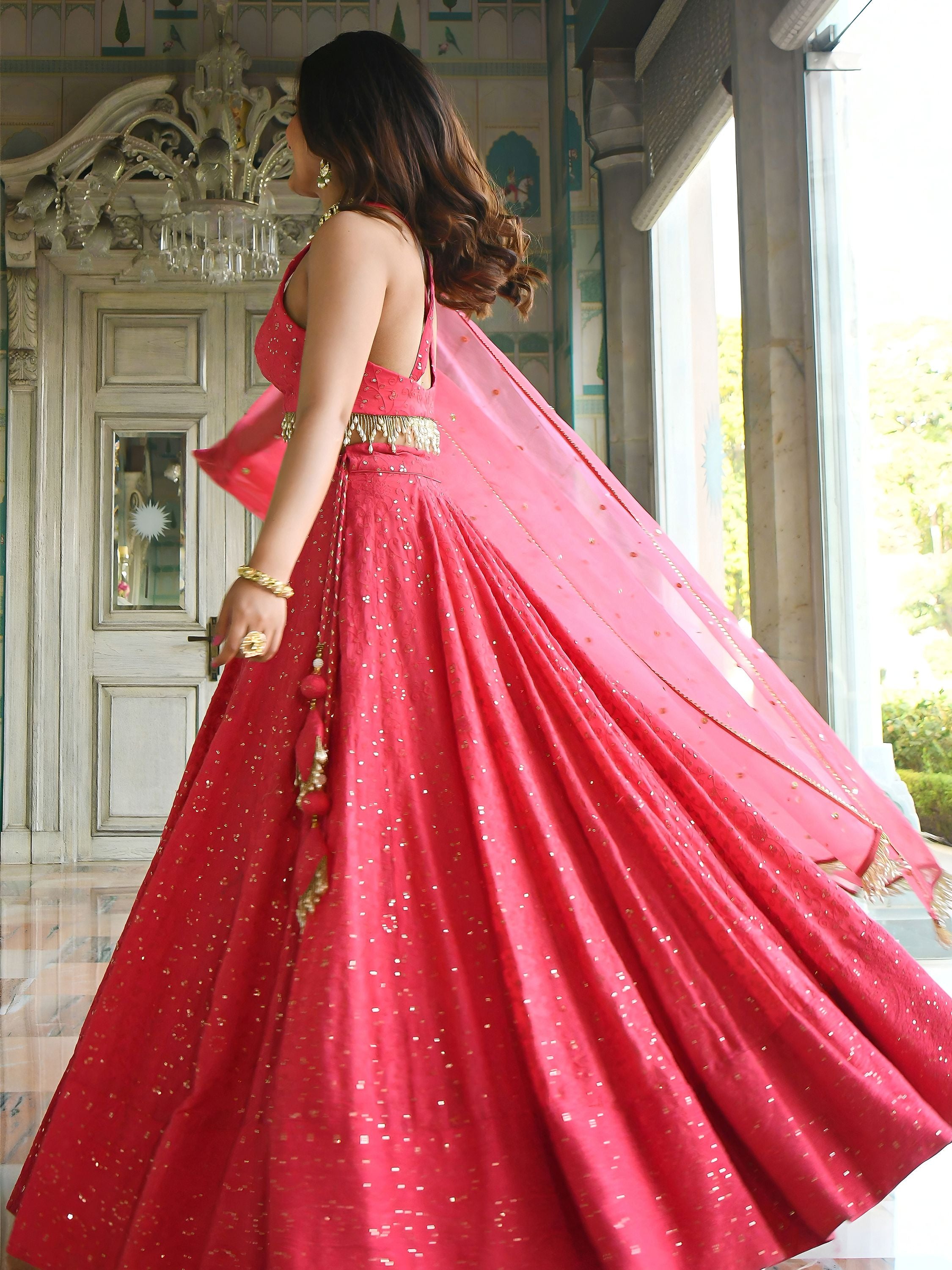 Lovely Pink Sequins Embroidered Georgette Wedding Wear Lehenga Choli