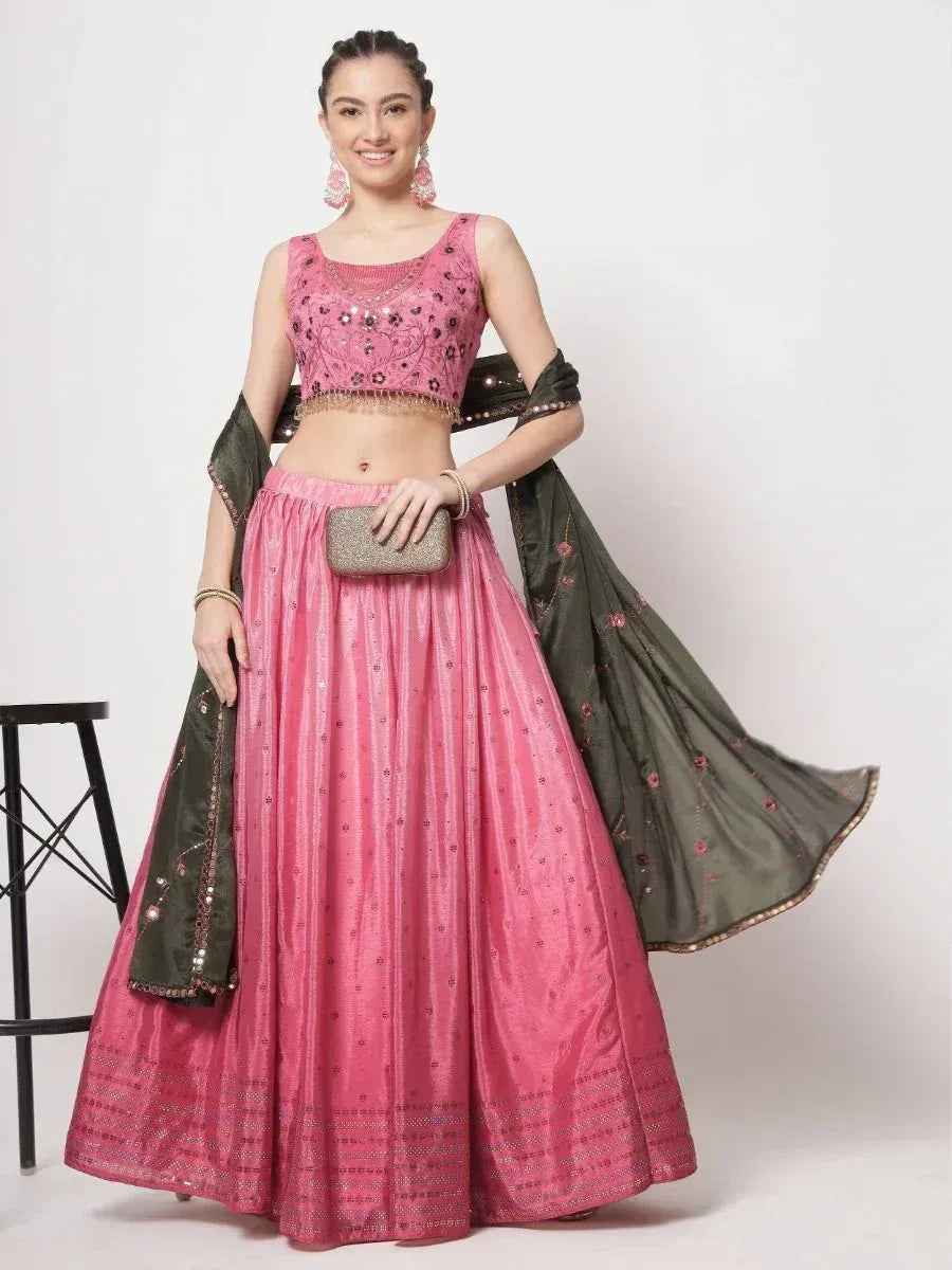 Pink embroidered lehenga choli with olive dupatta, perfect for Indian ethnic wear and festive occasions.