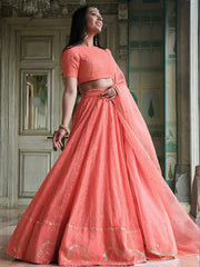 Amazing Peach Thread Embroidered Monochrome Bridesmaid Lehenga Choli