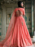 Woman in a traditional pink outfit with a sheer dupatta in an ornate room.